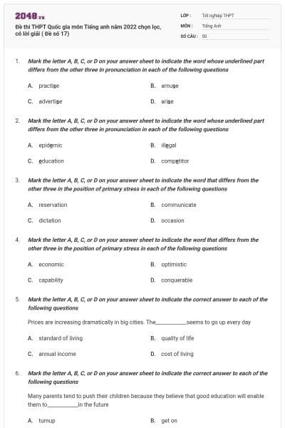 Đề thi THPT Quốc gia môn Tiếng anh năm 2022 chọn lọc, có lời giải ( Đề số 17)