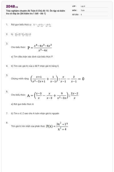 Trắc nghiệm chuyên đề Toán 8 Chủ đề 10. Ôn tập và kiểm tra có đáp án (Đề kiểm tra 1 tiết - Đề 1)