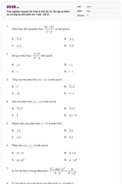 Trắc nghiệm chuyên đề Toán 8 Chủ đề 10. Ôn tập và kiểm tra có đáp án (Đề kiểm tra 1 tiết - Đề 2)