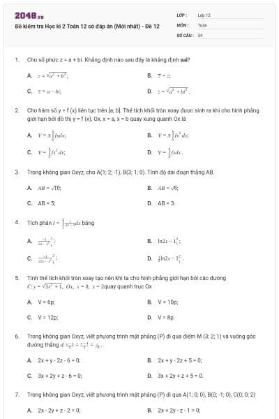 Đề kiểm tra Học kì 2 Toán 12 có đáp án (Mới nhất) - Đề 12
