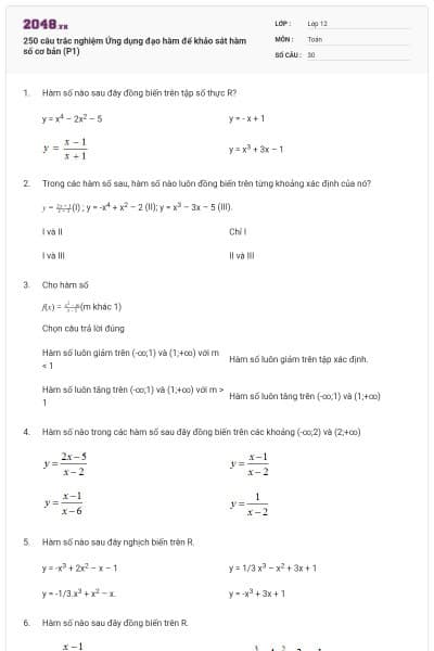 250 câu trắc nghiệm Ứng dụng đạo hàm để khảo sát hàm số cơ bản (P1)