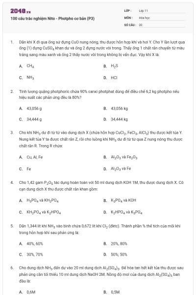 100 câu trắc nghiệm Nito - Photpho cơ bản (P3)