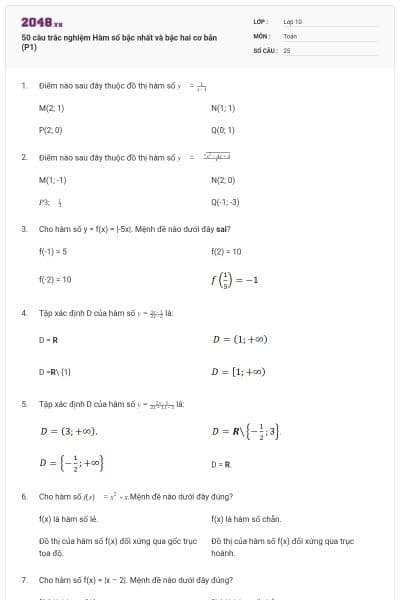 50 câu trắc nghiệm Hàm số bậc nhất và bậc hai cơ bản (P1)