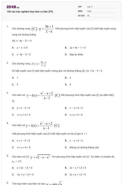 100 câu trắc nghiệm Đạo hàm cơ bản (P4)