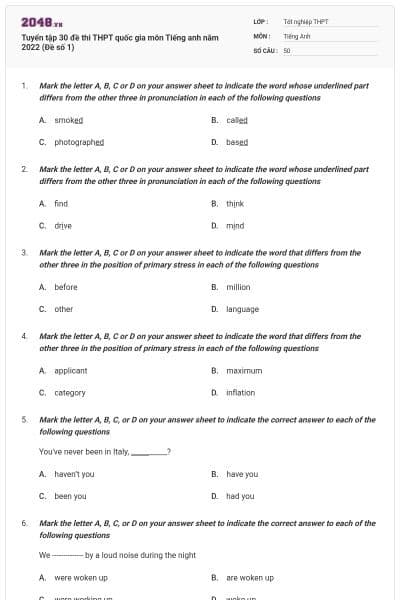 Tuyển tập 30 đề thi THPT quốc gia môn Tiếng anh năm 2022 (Đề số 1)