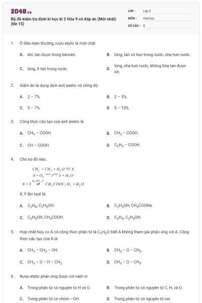 Bộ đề kiểm tra định kì học kì 2 Hóa 9 có đáp án (Mới nhất) (Đề 15)