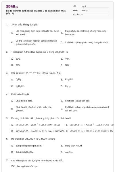 Bộ đề kiểm tra định kì học kì 2 Hóa 9 có đáp án (Mới nhất) (Đề 17)