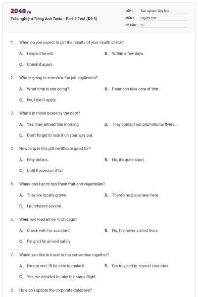 Trắc nghiệm Tiếng Anh Toeic - Part 2 Test (Đề 4)