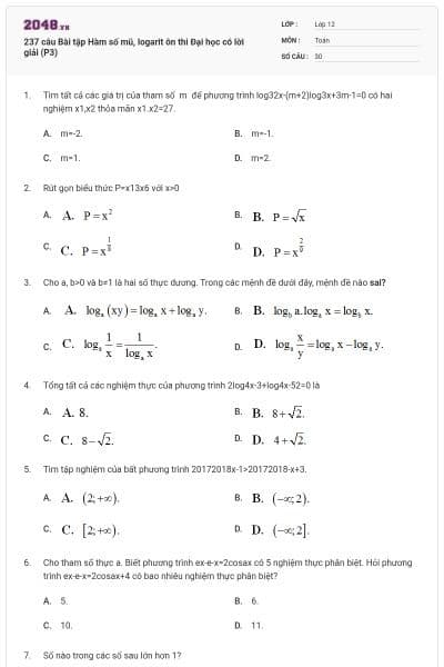 237 câu  Bài tập Hàm số mũ, logarit ôn thi Đại học có lời giải (P3)