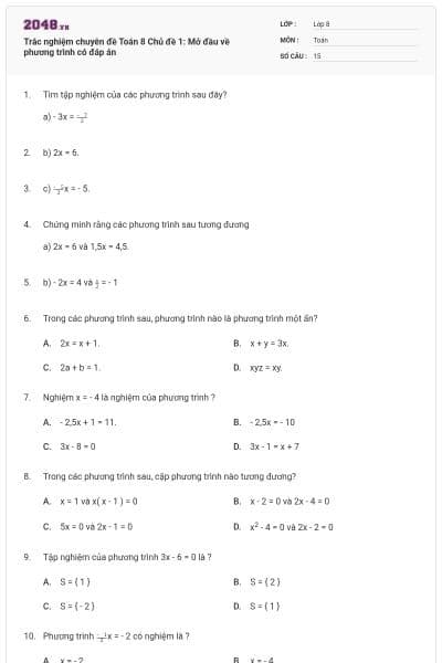 Trắc nghiệm chuyên đề Toán 8 Chủ đề 1: Mở đầu về phương trình có đáp án