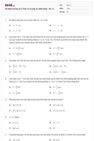 Đề kiểm tra Học kì 2 Toán 12 có đáp án (Mới nhất) - Đề 13