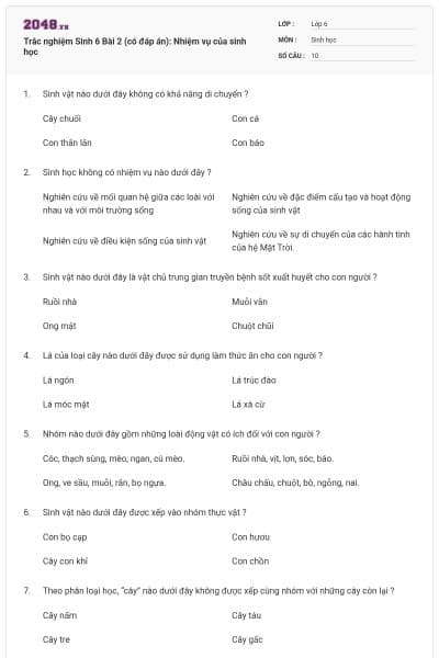 Trắc nghiệm Sinh 6 Bài 2 (có đáp án): Nhiệm vụ của sinh học