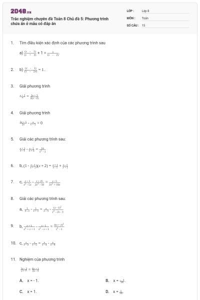 Trắc nghiệm chuyên đề Toán 8 Chủ đề 5: Phương trình chứa ẩn ở mẫu có đáp án