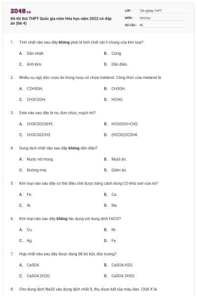 Đề thi thử THPT Quốc gia môn Hóa học năm 2022 có đáp án (Đề 4)
