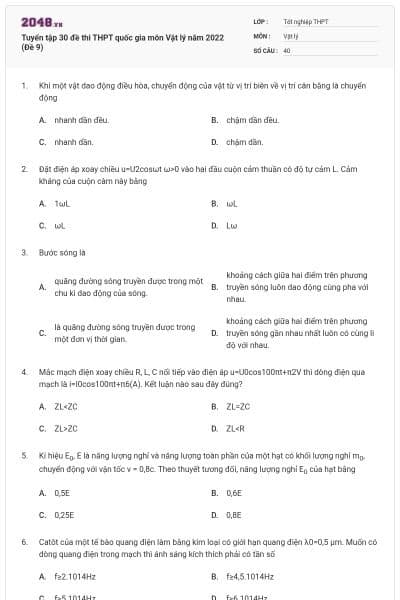 Tuyển tập 30 đề thi THPT quốc gia môn Vật lý năm 2022 (Đề 9)