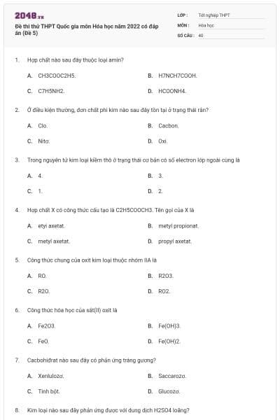 Đề thi thử THPT Quốc gia môn Hóa học năm 2022 có đáp án (Đề 5)