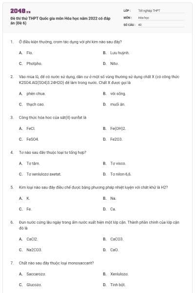Đề thi thử THPT Quốc gia môn Hóa học năm 2022 có đáp án (Đề 6)