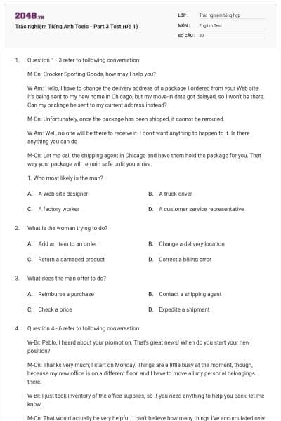 Trắc nghiệm Tiếng Anh Toeic - Part 3 Test (Đề 1)