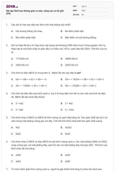 Bài tập Hình học không gian cơ bản, nâng cao có lời giải (P8)