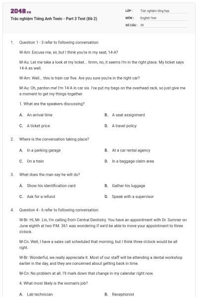 Trắc nghiệm Tiếng Anh Toeic - Part 3 Test (Đề 2)