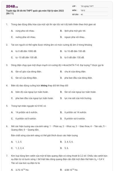 Tuyển tập 30 đề thi THPT quốc gia môn Vật lý năm 2022 (Đề 11)
