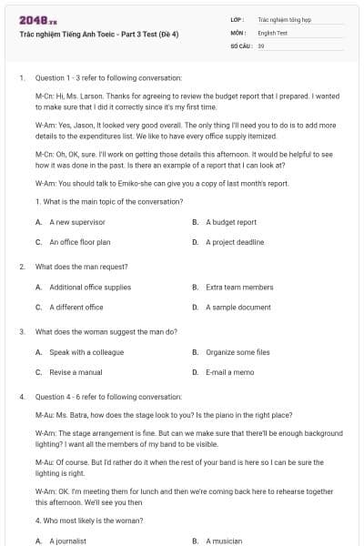 Trắc nghiệm Tiếng Anh Toeic - Part 3 Test (Đề 4)