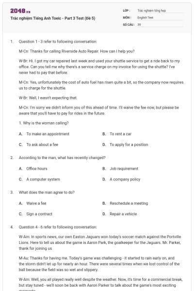 Trắc nghiệm Tiếng Anh Toeic - Part 3 Test (Đề 5)