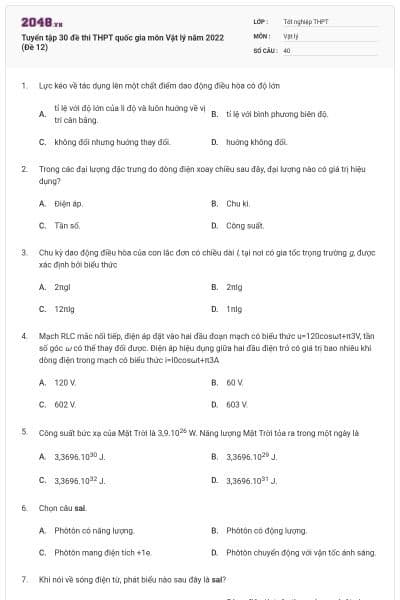 Tuyển tập 30 đề thi THPT quốc gia môn Vật lý năm 2022 (Đề 12)
