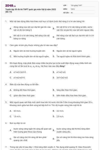 Tuyển tập 30 đề thi THPT quốc gia môn Vật lý năm 2022 (Đề 14)