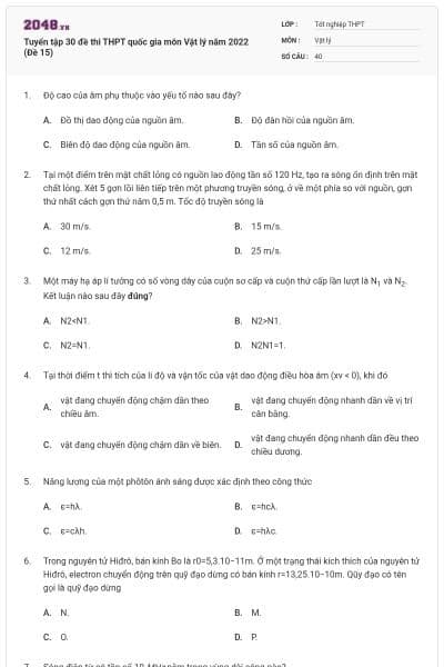 Tuyển tập 30 đề thi THPT quốc gia môn Vật lý năm 2022 (Đề 15)