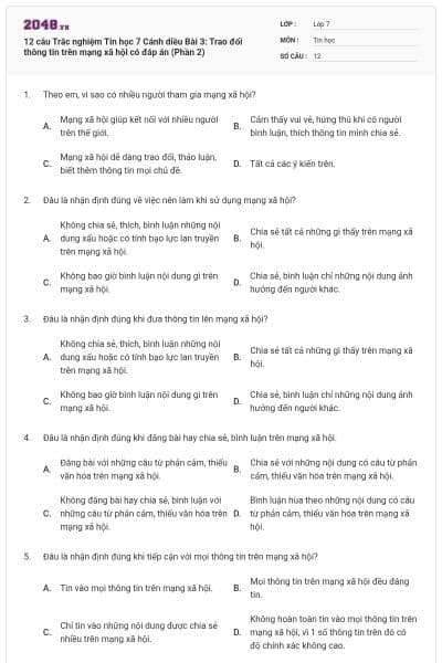 12 câu Trắc nghiệm Tin học 7 Cánh diều Bài 3: Trao đổi thông tin trên mạng xã hội có đáp án (Phần 2)