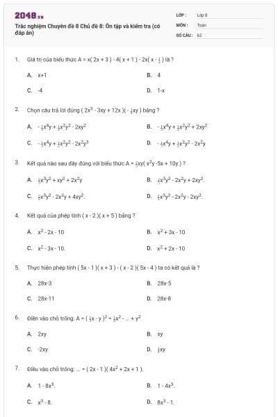 Trắc nghiệm Chuyên đề 8 Chủ đề 8: Ôn tập và kiểm tra (có đáp án)