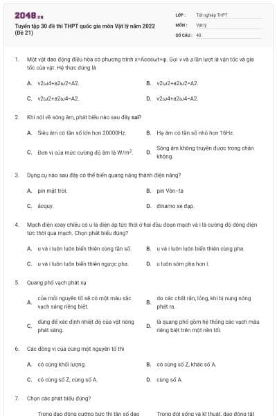 Tuyển tập 30 đề thi THPT quốc gia môn Vật lý năm 2022 (Đề 21)