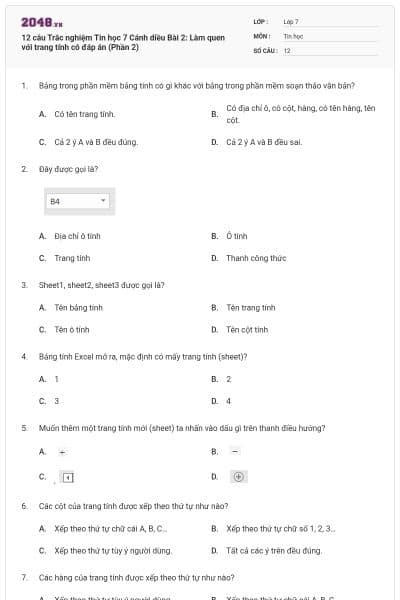 12 câu Trắc nghiệm Tin học 7 Cánh diều Bài 2: Làm quen với trang tính có đáp án (Phần 2)