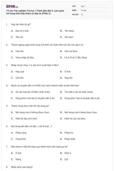 13 câu Trắc nghiệm Tin học 7 Cánh diều Bài 3: Làm quen với trang tính (tiếp theo) có đáp án (Phần 2)