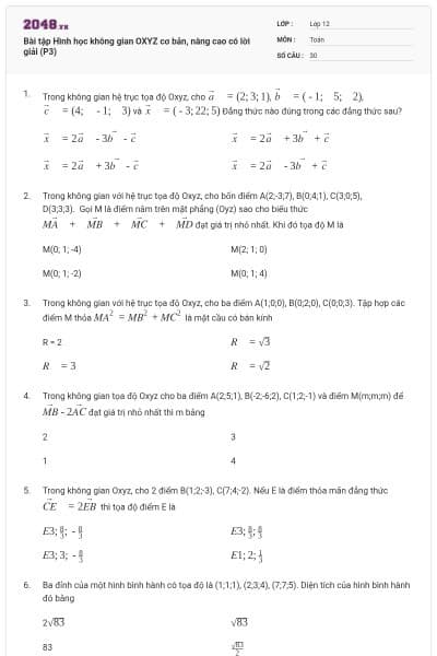 Bài tập Hình học không gian OXYZ cơ bản, nâng cao có lời giải (P3)