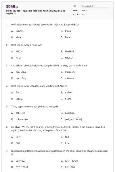 Đề thi thử THPT Quốc gia môn Hóa học năm 2022 có đáp án (Đề 7)