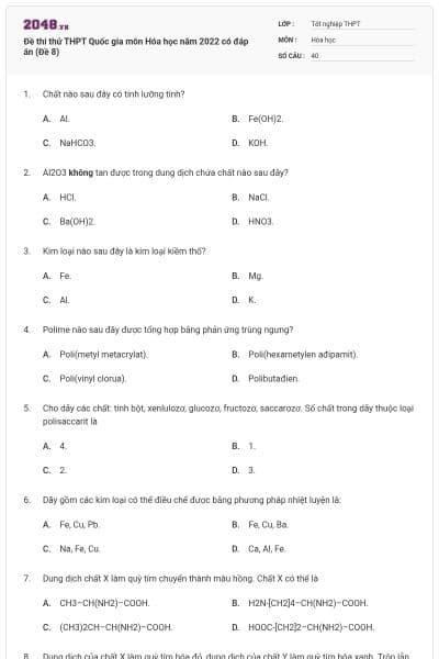 Đề thi thử THPT Quốc gia môn Hóa học năm 2022 có đáp án (Đề 8)