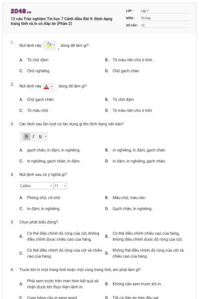 12 câu Trắc nghiệm Tin học 7 Cánh diều Bài 9: Định dạng trang tính và in có đáp án (Phần 2)
