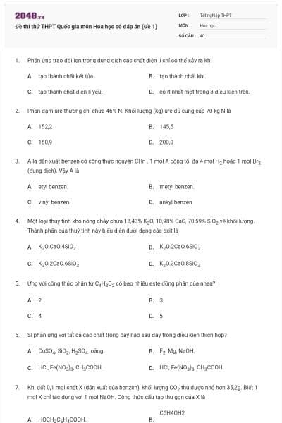 Đề thi thử THPT Quốc gia môn Hóa học có đáp án (Đề 1)