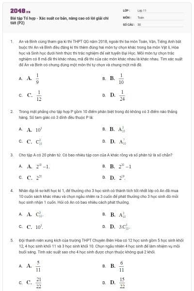 Bài tập Tổ hợp - Xác suất cơ bản, nâng cao có lời giải chi tiết (P2)
