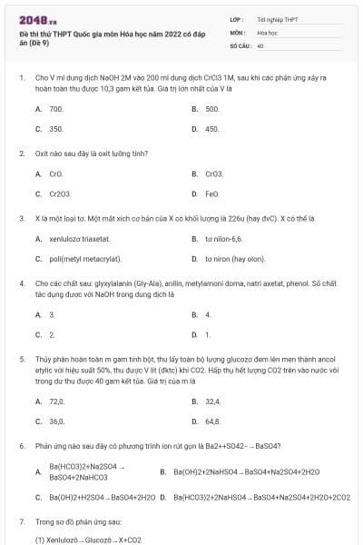 Đề thi thử THPT Quốc gia môn Hóa học năm 2022 có đáp án (Đề 9)