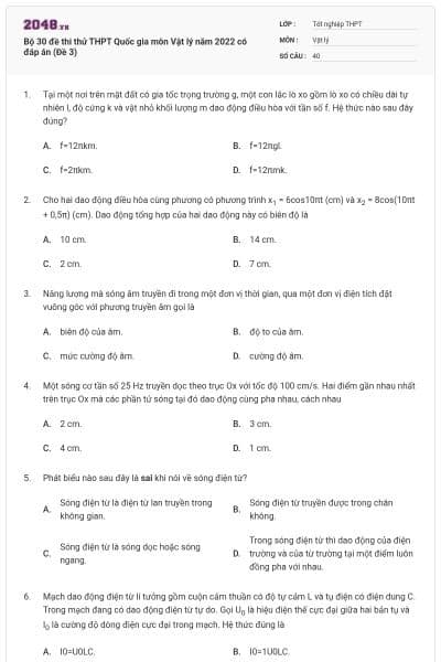 Bộ 30 đề thi thử THPT Quốc gia môn Vật lý năm 2022 có đáp án (Đề 3)