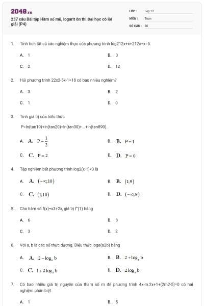 237 câu  Bài tập Hàm số mũ, logarit ôn thi Đại học có lời giải (P4)