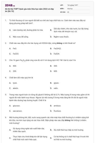 Đề thi thử THPT Quốc gia môn Hóa học năm 2022 có đáp án (Đề 10)