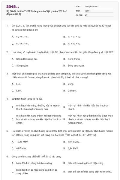 Bộ 30 đề thi thử THPT Quốc gia môn Vật lý năm 2022 có đáp án (Đề 9)