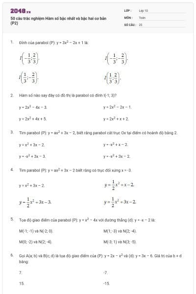 50 câu trắc nghiệm Hàm số bậc nhất và bậc hai cơ bản (P2)