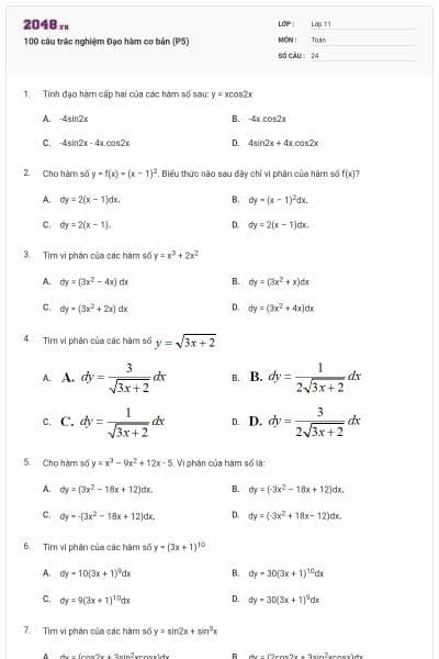 100 câu trắc nghiệm Đạo hàm cơ bản (P5)