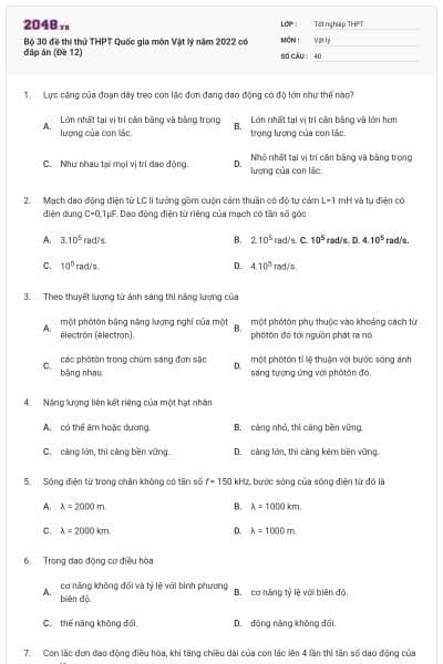 Bộ 30 đề thi thử THPT Quốc gia môn Vật lý năm 2022 có đáp án (Đề 12)