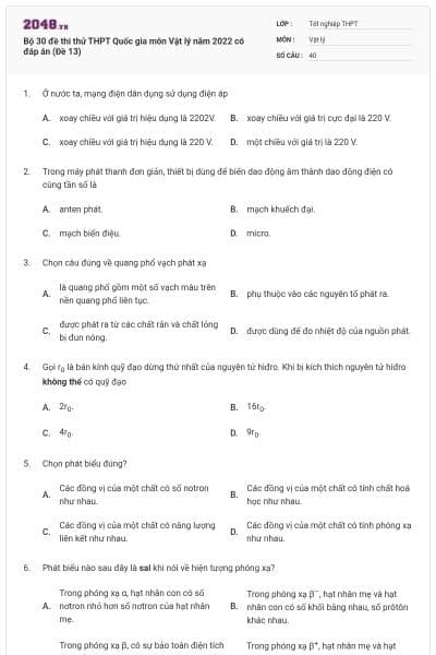 Bộ 30 đề thi thử THPT Quốc gia môn Vật lý năm 2022 có đáp án (Đề 13)